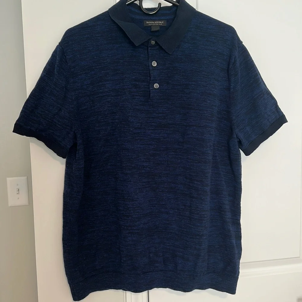 Banana Republic Men's Blue Black Marled Polo with Fitted Hem Cotton Size XL